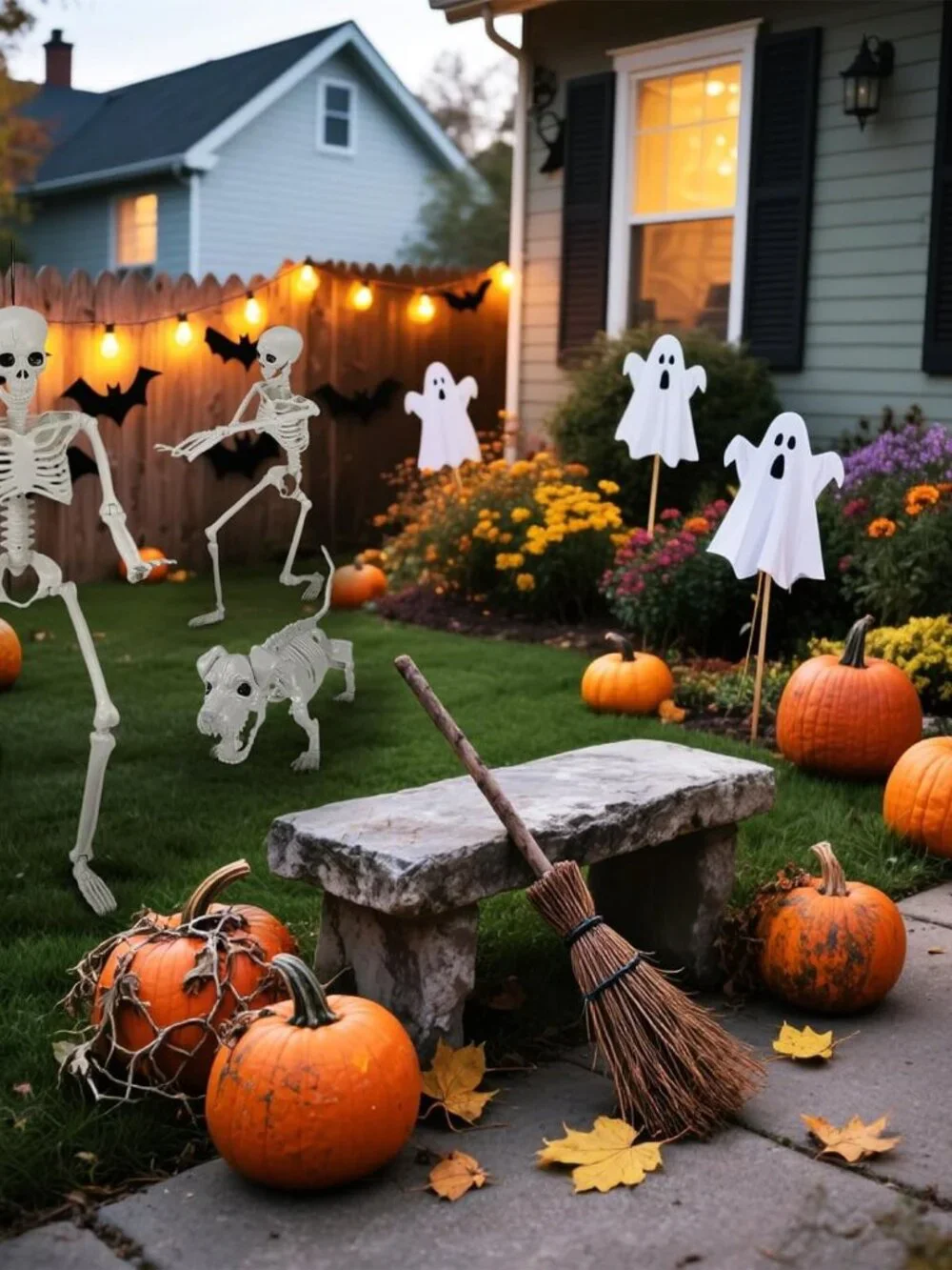 3FT Lighted Human Skeleton w Skeleton Dog Halloween Decor Posable Indoor Outdoor